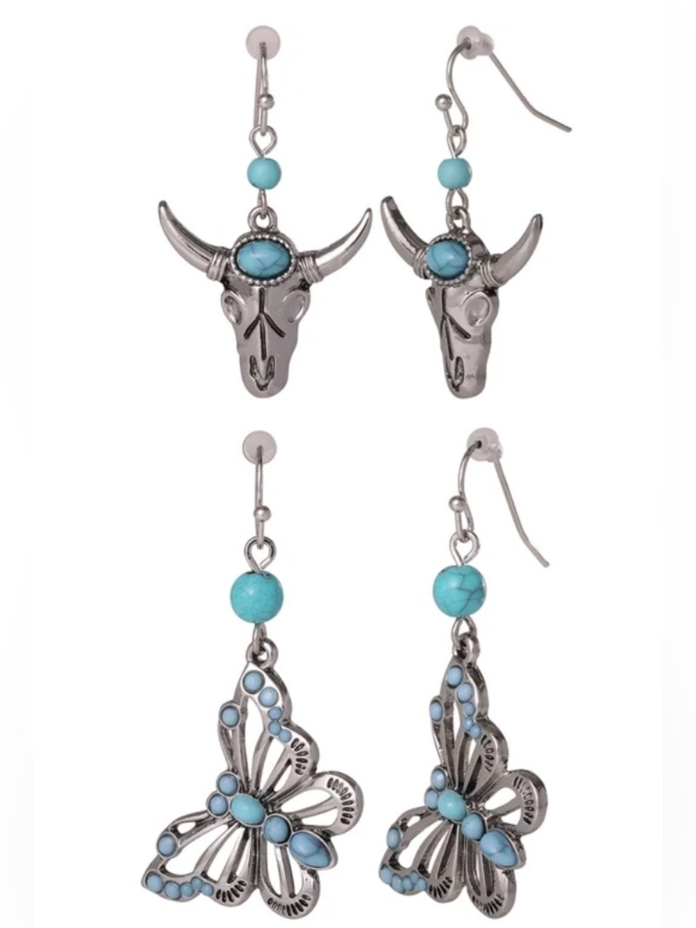 ❤️Jessica Simpson Turquoise Lk Western Bull Skull Butterfly Earrings Set Silver